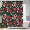 Green Christmas Shower Curtain with Red Poinsettia Floral Pattern, Polyester Fabric, Waterproof Home Decor Item for Bathtub Size