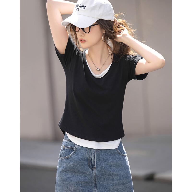 Demana Women s Faux Two-Piece Round Neck Slim Fit T-Shirt M