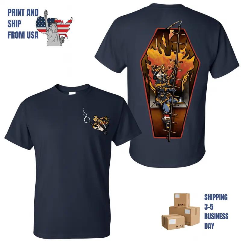 Firefighter Climbing Ladder Through Flames T-Shirt, 2 Sides, dark firefighter re S разноцветный