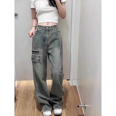 Amerikaanse High Street Multi-pocket Werkjeans Dames Lente Herfst Nieuw High-waisted Geknopt Design Veelzijdige Wijde Pijpen