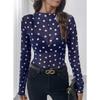 Women Semi Sheer Mesh Polka Dot Long Sleeve Mock Neck Top Lightweight Stretchy Fitted T Shirt Blouse for Layering
