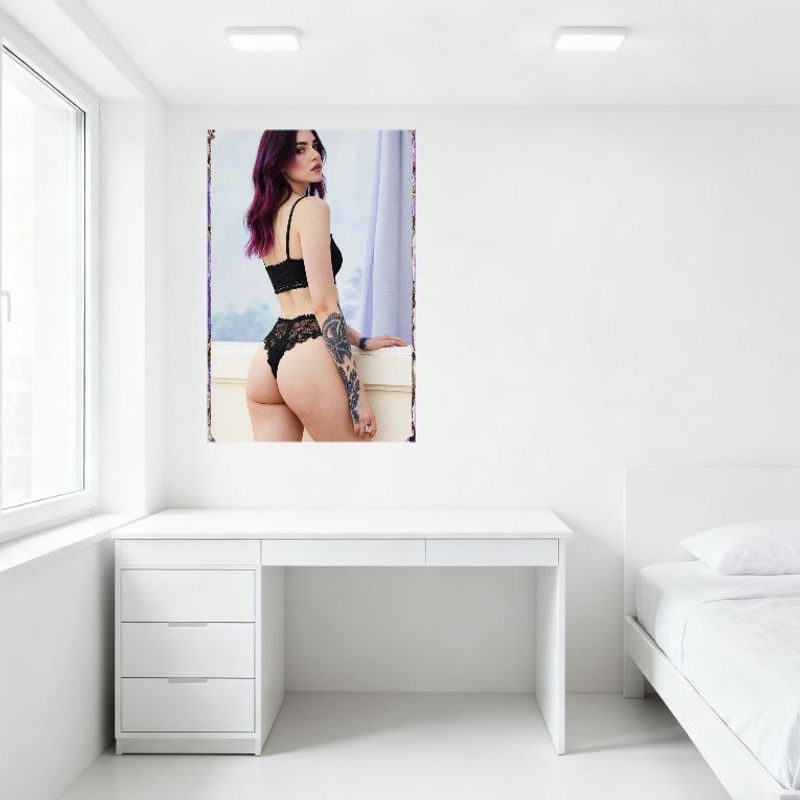 Sexy Purple Hair Woman Lingerie Tattoo Tin Sign Vintage Metal Poster for Home Decor, 8x12 Inch Wall Art with Sheer Curtains & Te