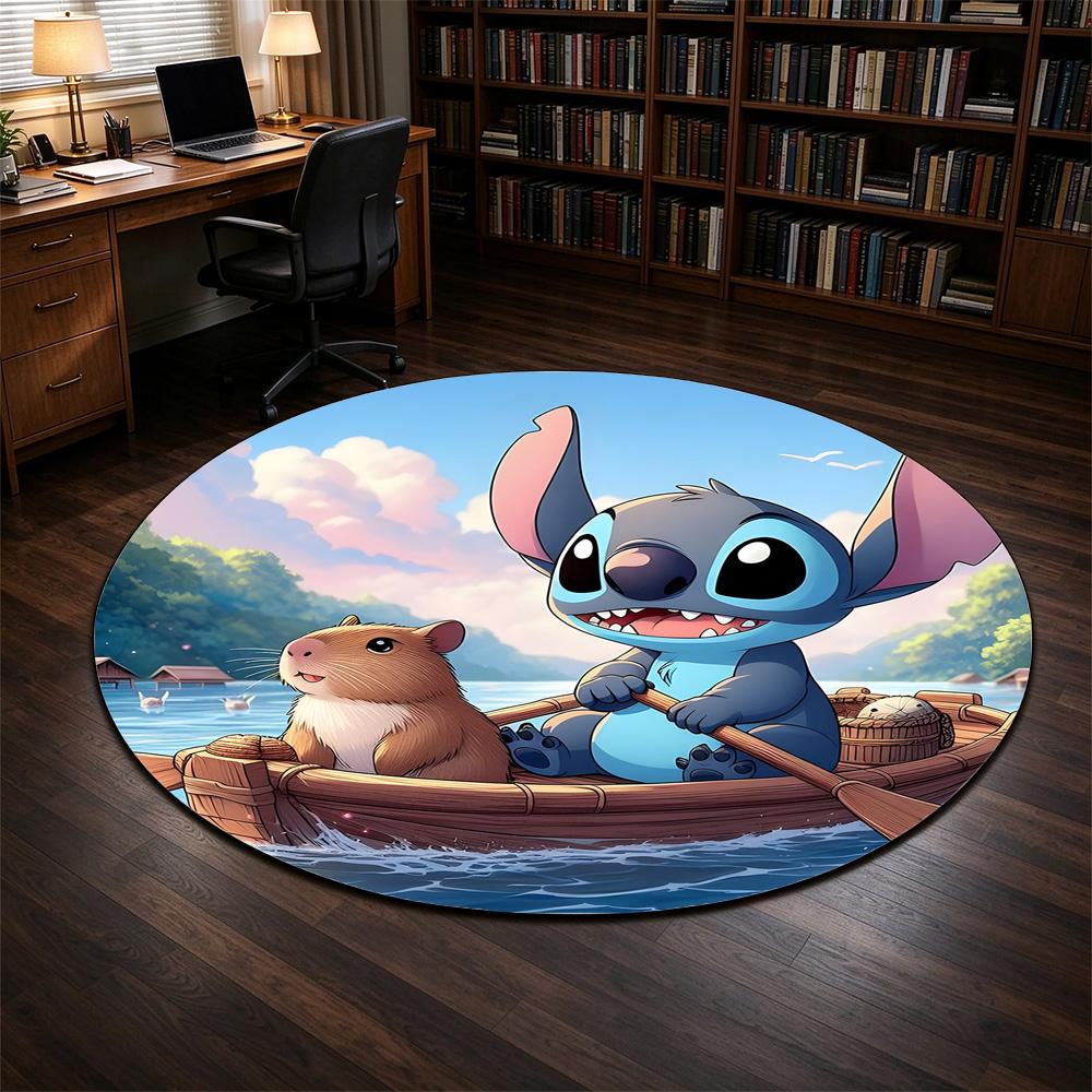 Round Rug Stitch Capybara Rowing Wooden Boat Lake Tropical Cartoon Anime Living Room Home Decor
