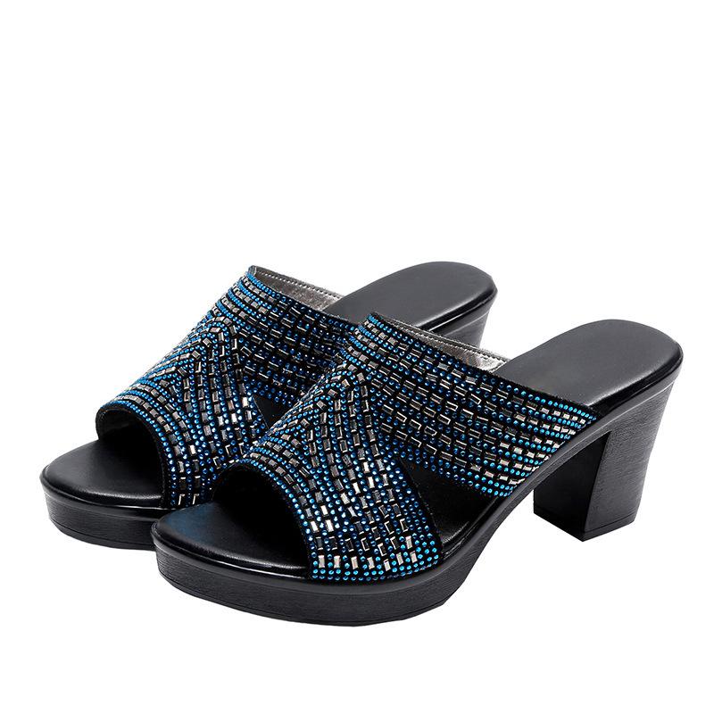 

Large size thick-heeled slippers for women s summer express sales, new rhinestone high-heeled cool slippers, lightweight women s drag 41 синій