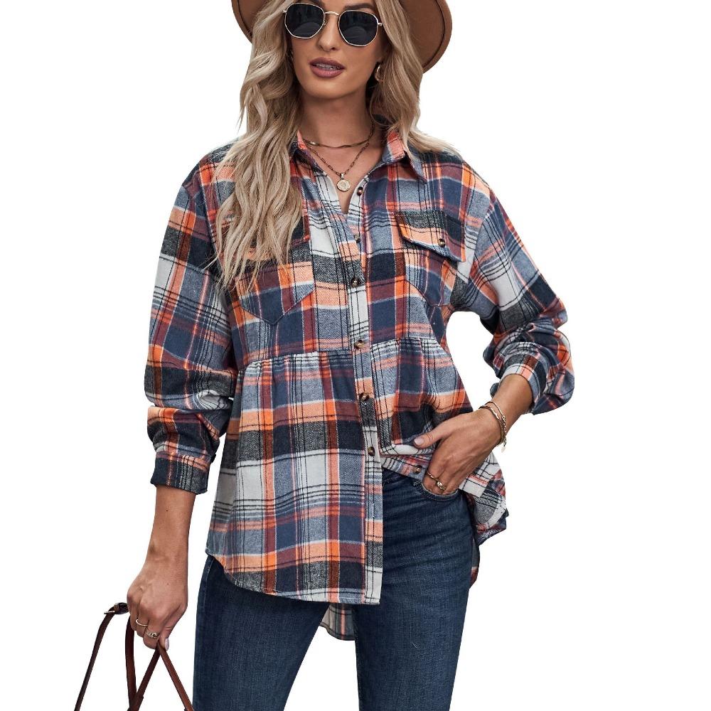 

Верхняя осенне-зимняя повседневная рубашка в клетку с карманами и длинными рукавами с лацканами XXL