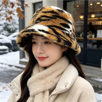 Women S Tiger Stripe Plush Bucket Hat Autumn Winter Warm Versatile