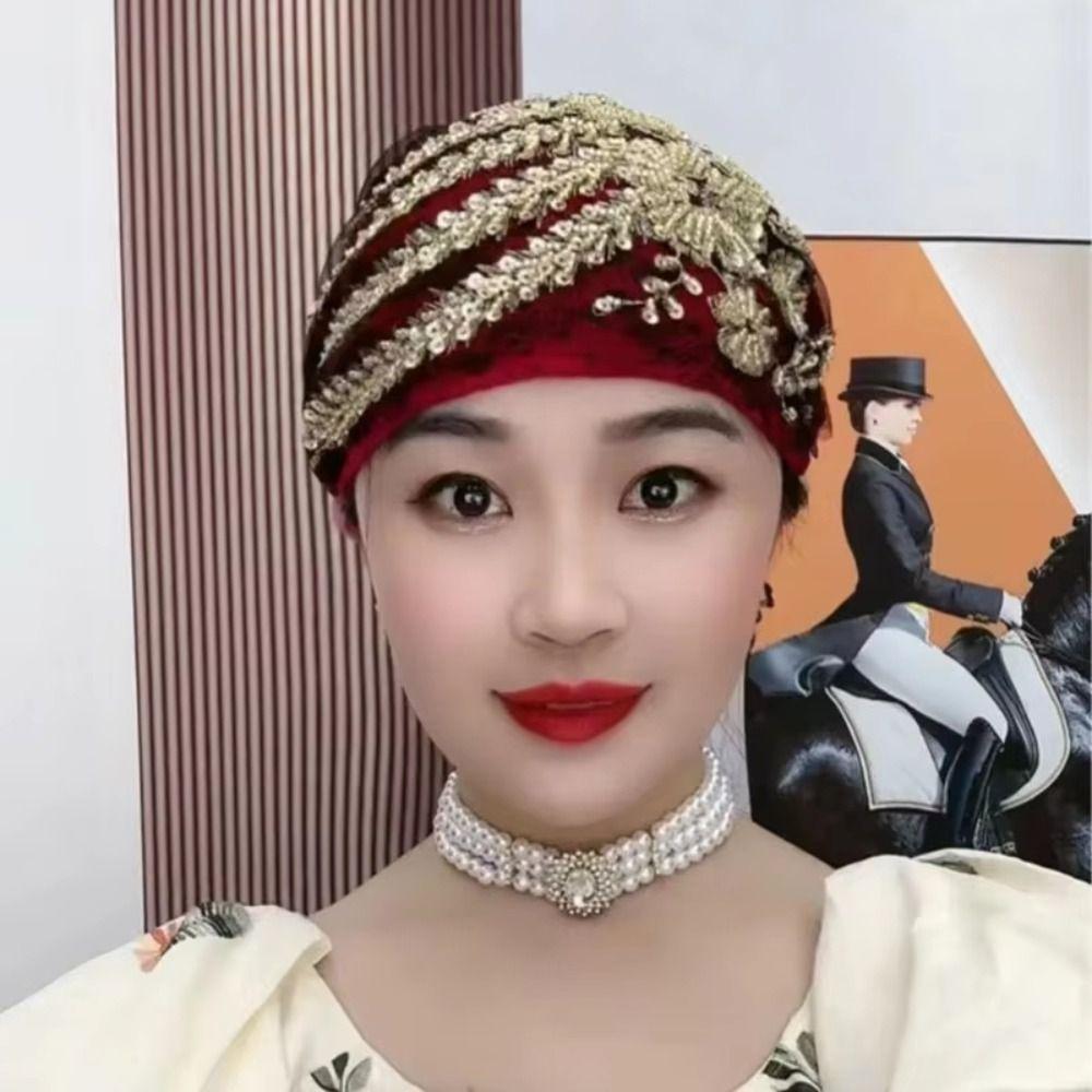 Turban Cap Floral Lace Caps Embroidery Beanie Hair Cover Cap Women Headscarf  Lady Female