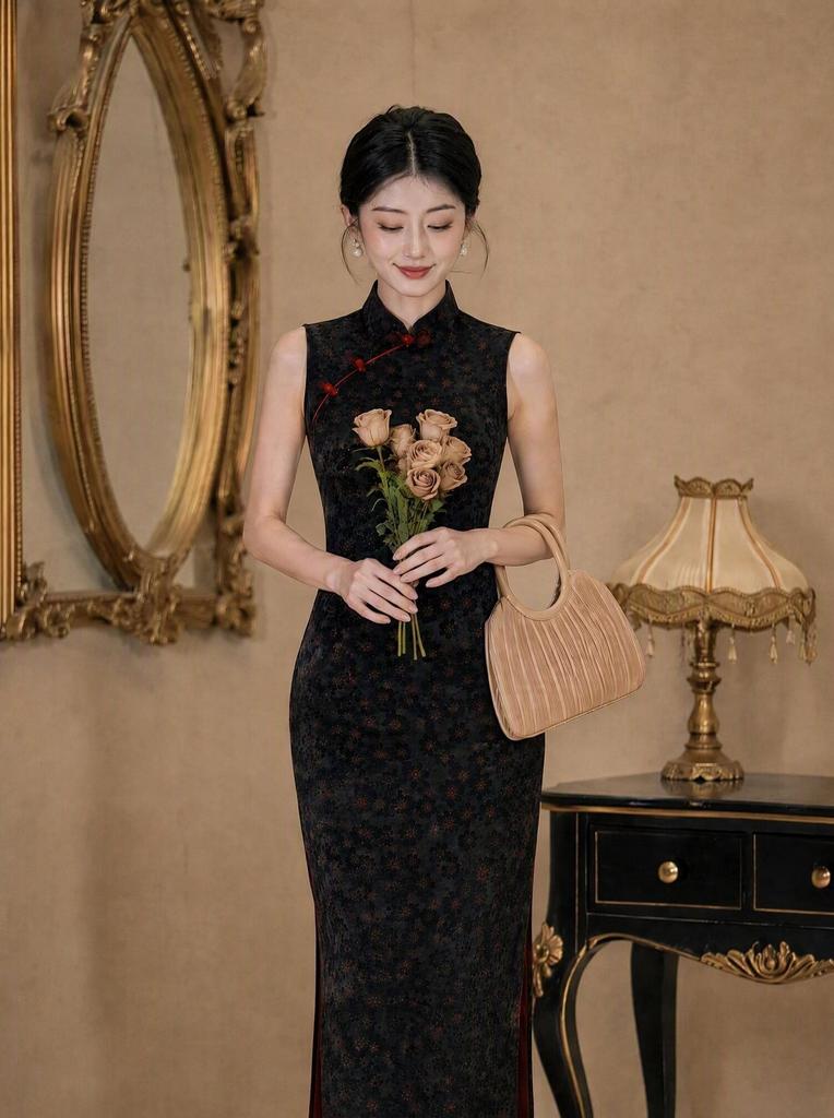 Black cheongsam 1011 new modified retro Chinese style high-end temperament elegant long high-end dress