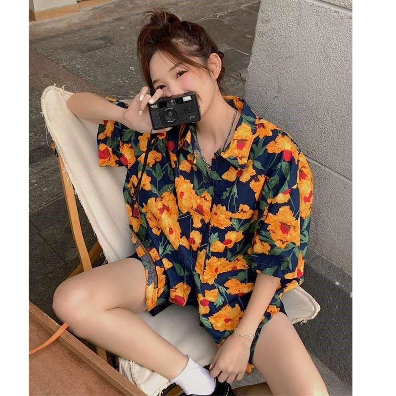Hong Kong Style Design Spring Hawaiian Short Sleeve Floral S