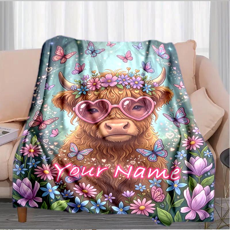 1PC Custom Name Fantasy Cow Flowers Blanket Versatile,all-season Throw Suitable for the Living Room,bedroom,camping,travel,and Gift