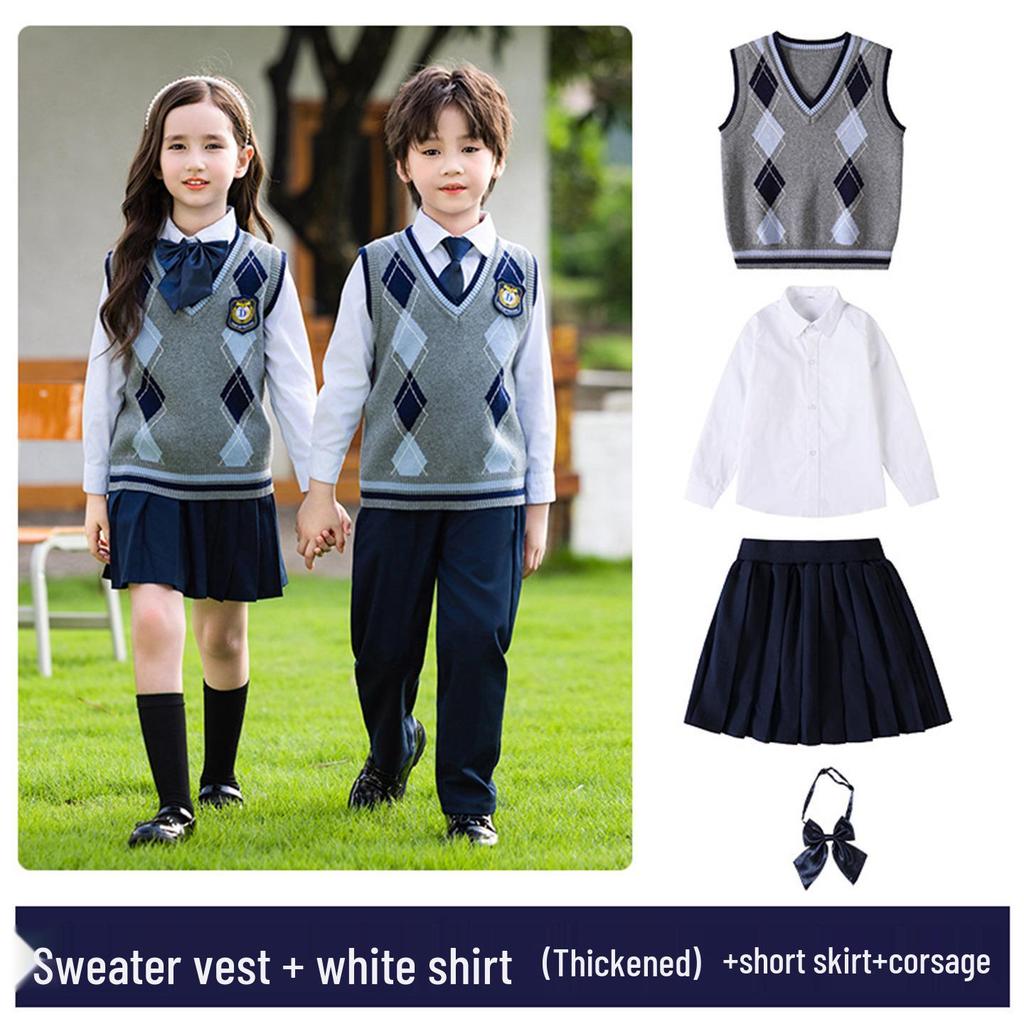 British-Style Primary School Sweater Vest & Uniform Set - Children's Spring/Autumn Performance Costume