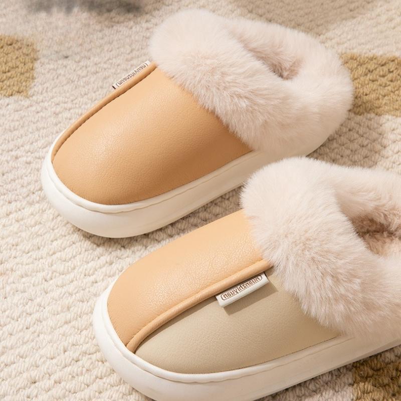 Winter Warme Zuhause Pelz Damen Hausschuhe Luxus Wasserdicht PU Leder Plüsch Paar Baumwollschuhe Indoor Schlafzimmer Flache Absätze Flauschiger Slipper