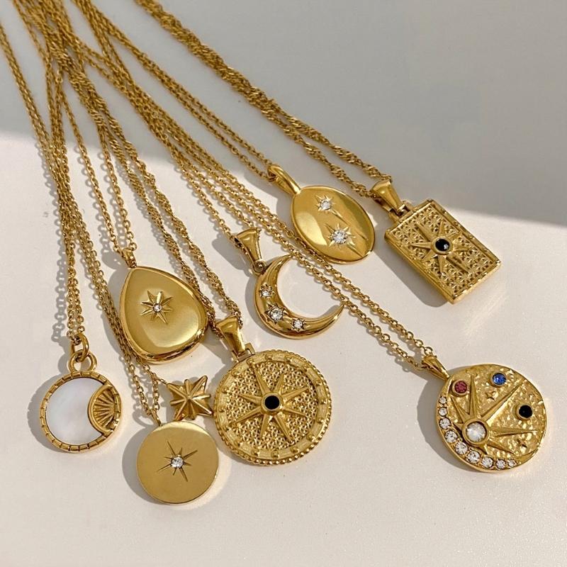 Stainless Steel Pendant Necklace Cubic Zirconia Charm Neckchain Unisex Clavicle Chain Gold Plated Waterproof Jewelry