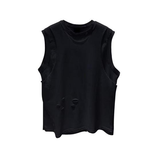 Men Summer Casual Vest O-neck Sleeveless Loose Fit Tank Tops Solid Color Ripped Holes Street Style Vest Bottoming T-shirt
