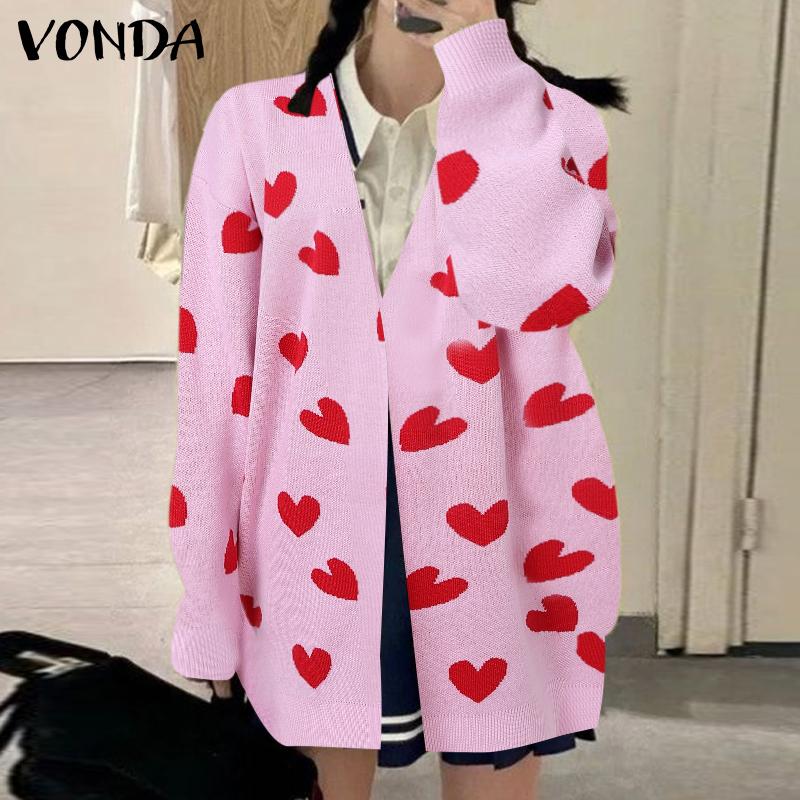 

VONDA Women Long Sleeve Heart Printed Casual Long Sweaters Cardigan 3XL рожевий