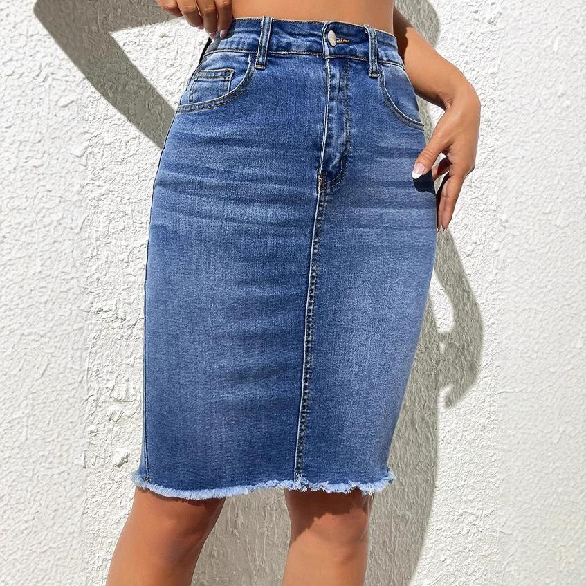 Kadın Yüksek Bel Kot Etekler Bayan Streç Kot Diz Boyu Rahat Dar Etek