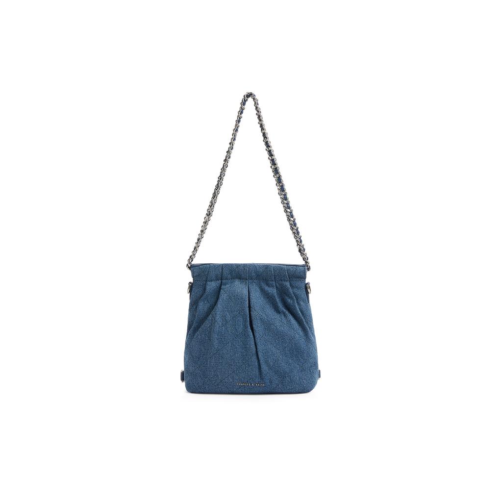 New CHARLES&KEITH PU, Textile Mixture Backpack Shoulder Bag Small Women's Dark Denim Blue CK2-60782390-1