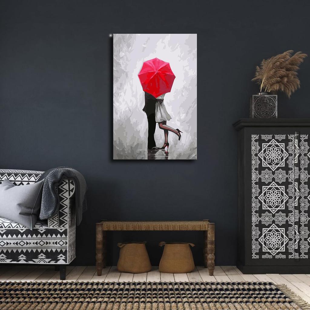 Red Umbrella and Couple Silver Sky and Romantic Couple Poster Canvas Wall Art Picture Print Modern Home Bedroom with Frameless Decor