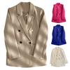 Women Suit Coat Lapel Long Sleeve Double Placket Suit Jacket with Pockets Solid Color Loose Fit Mid-length Business Outerwear