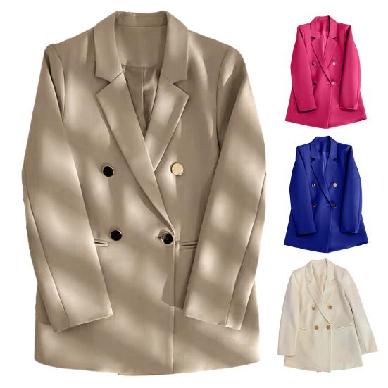Women Suit Coat Lapel Long Sleeve Double Placket Suit Jacket with Pockets Solid Color Loose Fit Mid-length Business Outerwear
