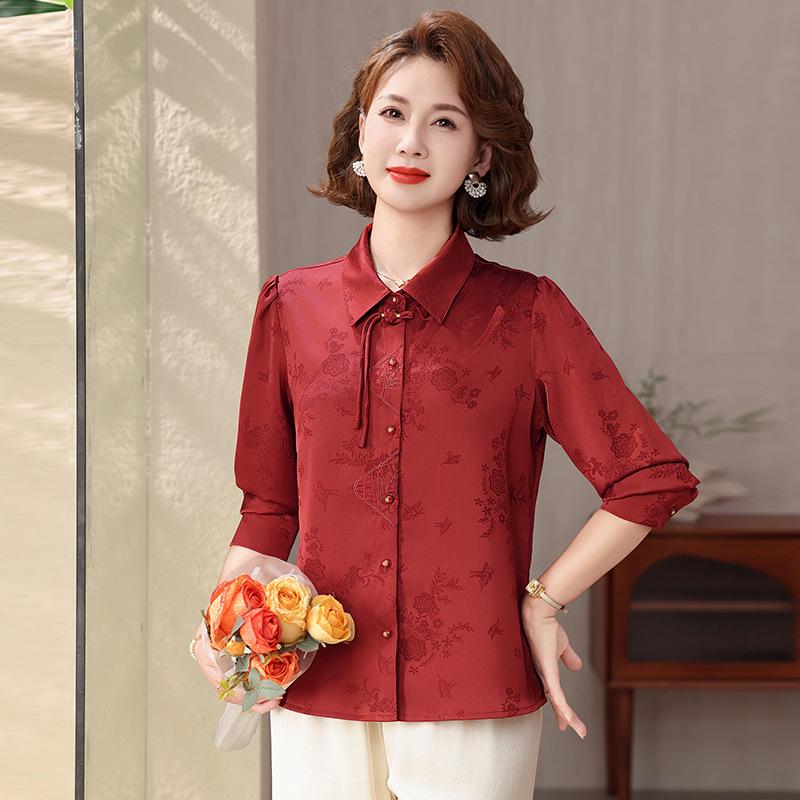 

Stylish Frog Button Lapel Long Sleeve Shirt for Moms - Elegant Spring/Summer Top for Middle-Aged and Elderly Women 3XL (115-130 jin) красный