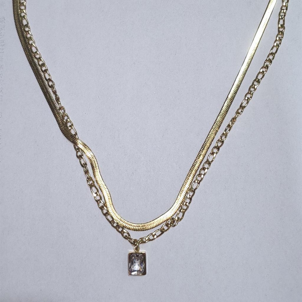 18K Gold Double Layer Snake Chain Necklace with Mini Square Crystal Pendant