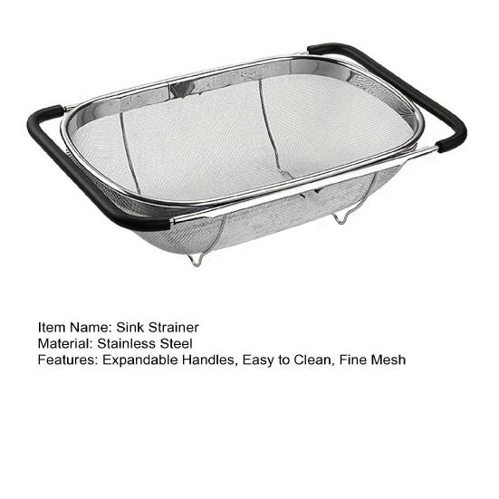 Over The Sink Colander Fine Mesh Stainless Steel Strainer Kitchen Sink Oval Colander with Expandable Rubber Grip Handles for Straining Draining
