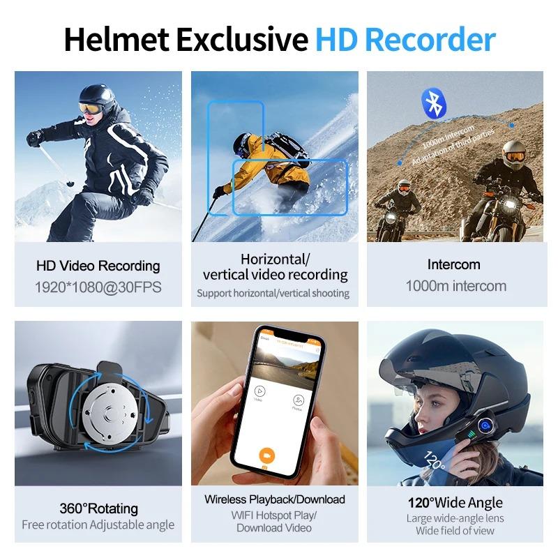 Q28 Kask motocyklowy Zestaw słuchawkowy Bluetooth i Kamera Bezprzewodowa HD 1080P Super Szerokokątny Obiektyw Wodoodporny Rejestrator Wideo WiFi Moto Jazda Narciarstwo Rejestrator