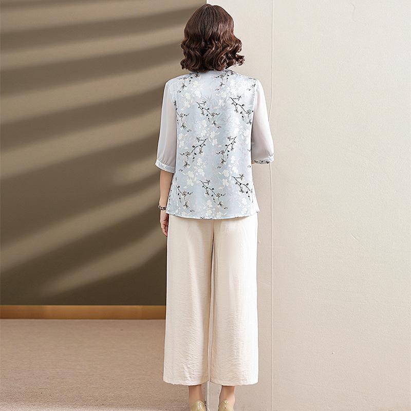 2026 Summer Women's Floral Short-Sleeve Top & Wide-Leg Pants Set for Middle-Aged and Elderly