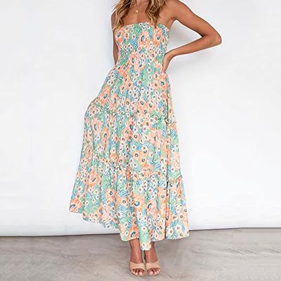 Γυναικείο φόρεμα με στράπλες, μποέμ, λουλούδι, καλοκαιρινές διακοπές, πλισέ