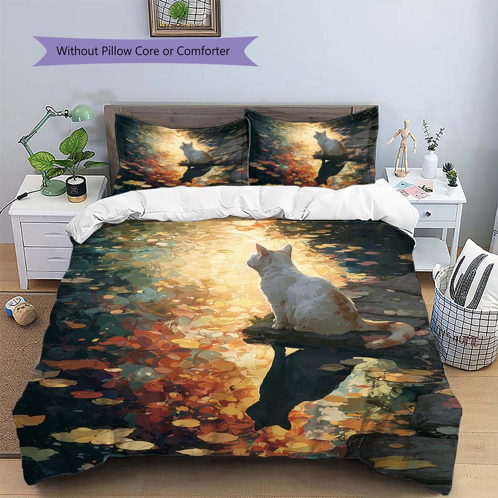 Autumn Leaf Cat Pattern Bedding Quilt Set Quilt Cover Pillowcase Home Decoration Gift (1 * duvet cover + 2 * pillowcase, without core)