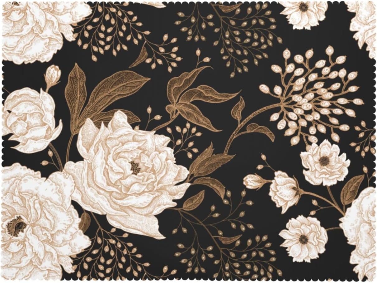 Nappe Pivoine Vintage, Beige Doré Floral Feuille Rustique Noir Rectangulaire Lavable Housse pour Salle à Manger de Maison 140x140cm