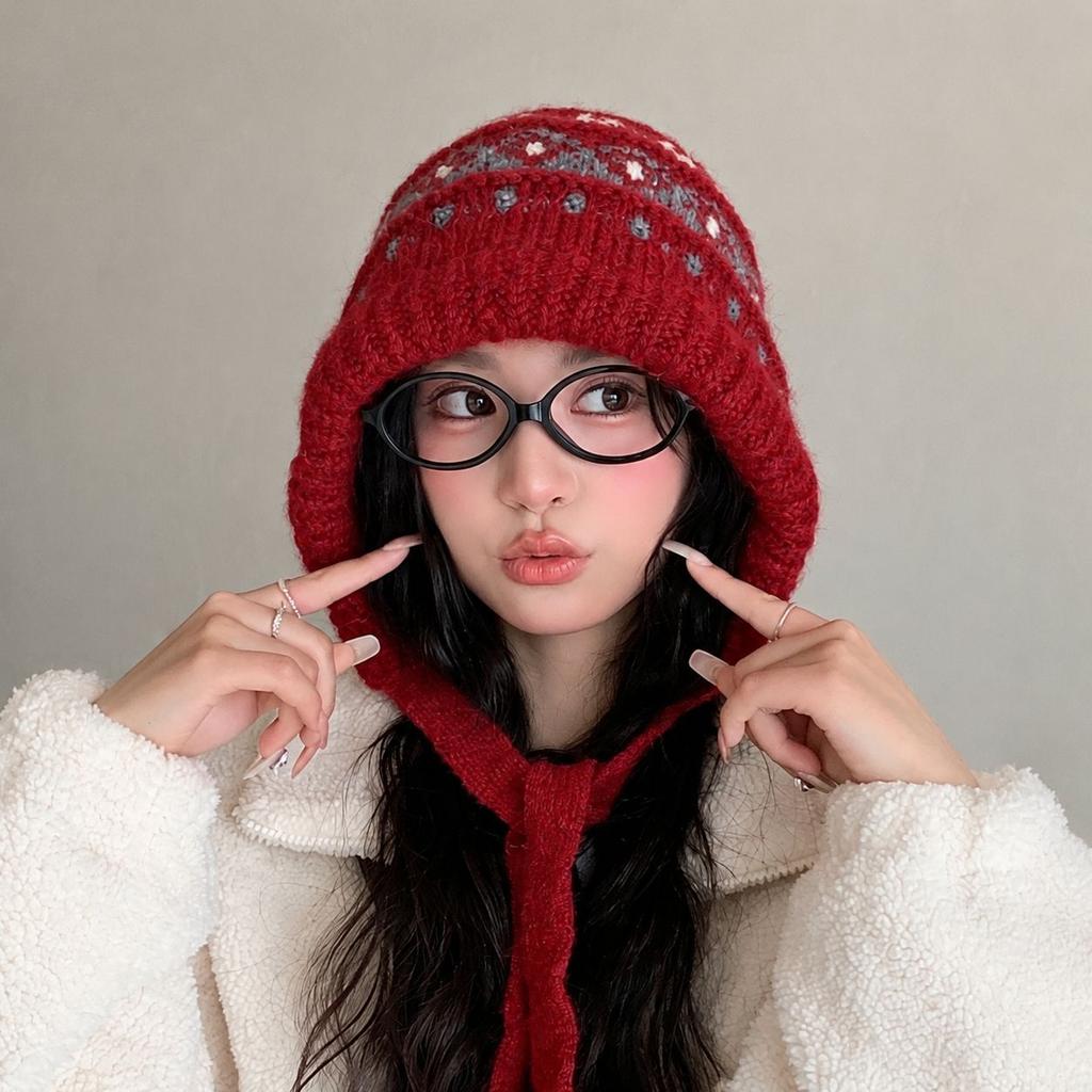 Jacquard Retro Knitted Cold Hat Women's Winter Warm Ear Protection Cold Wool Hat Student Versatile Strap Headgear