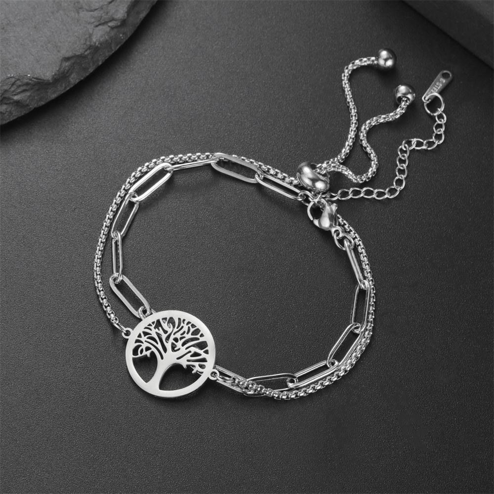 

My Shape Flower of Life Bracelets 2 Layers Chains Combination Bracelet Stainless Steel Bangle Tree of Life Charms Jewelry Amulet As Pictures&17cm
