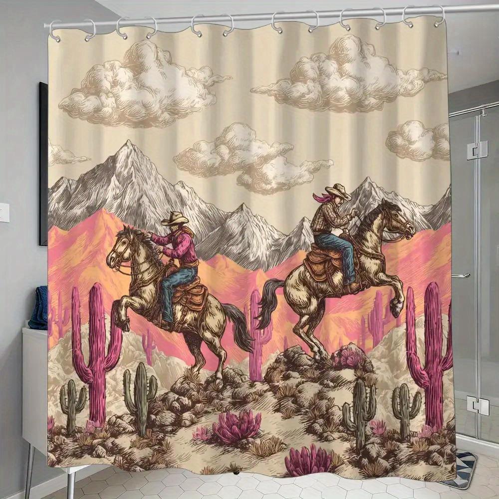 

Western Cowboy Shower Curtain – Illustrated Riders, Cacti & Mountains, 12 Hooks, 70.87×70.87 Waterproof Bath Decor W60H190(CM)-1 Pcs