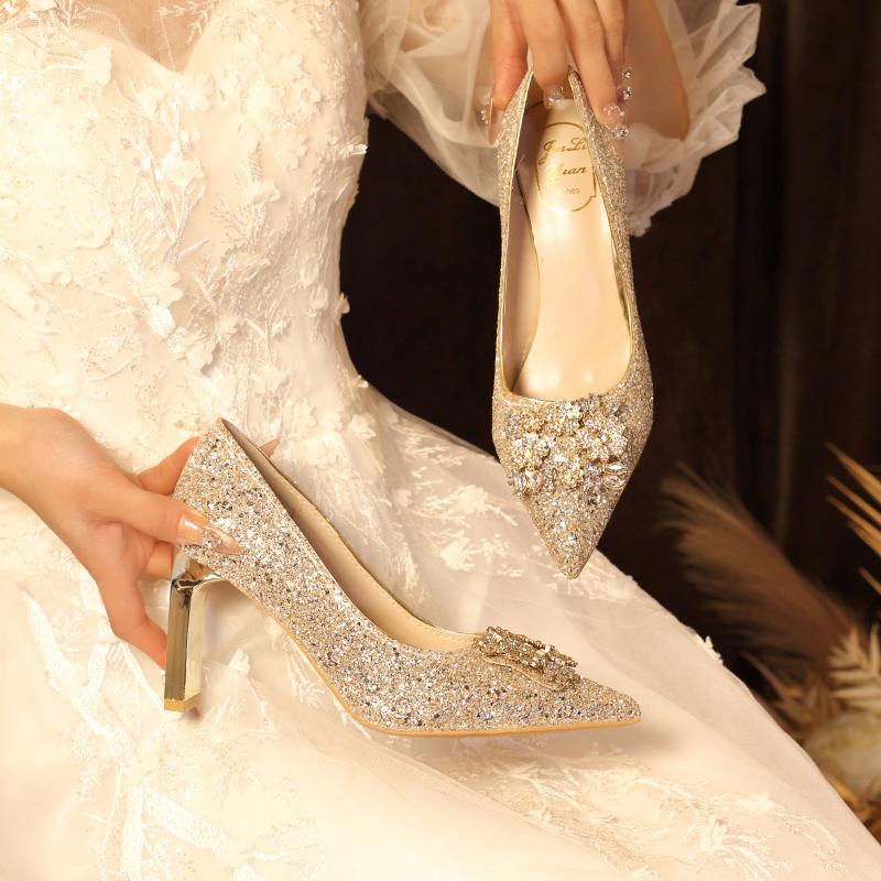 Fashion Luxury Pointed Toe Bling Rhinestone Women Pumps Champagne Colors Shallow 6/8CM High Heels Bridesmaid Wedding Shoes