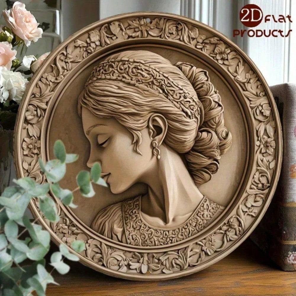 

Vintage Metal Round Wall Art Floral Girl Portrait 8x8 Inch HD Print Home Decor 20x20 різнокольоровий