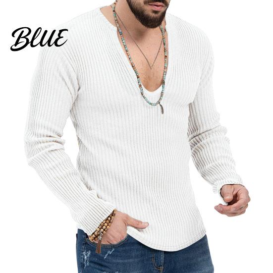 Men Knitted Cotton Sleeves Solid V Neck Knit Deep Blend Sweater Ribbed Long Color Slim