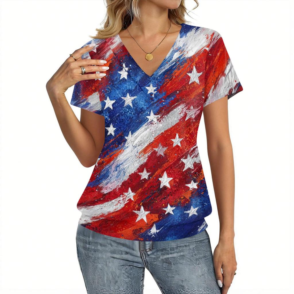 Women's Casual V Neck Short Sleeve Top Independence Day Print Lightweight Comfortable Summer Shirt for Everyday Wear