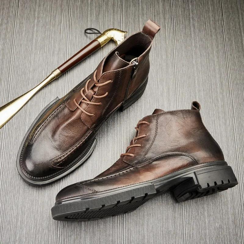 2025 Fashion Men's Platform Motorcycle Boots Retro Brown Leather Round Toe Ankle Boots Plus Size 38-48 Male Outdoor Casual Shoes