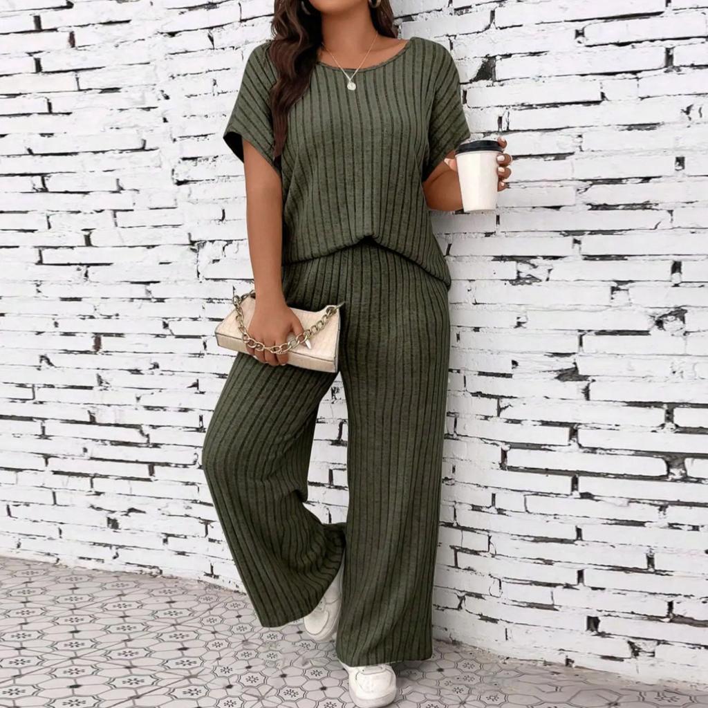 Women's Fashion  Color Casual Summer New Ribbed Top And Pants Set