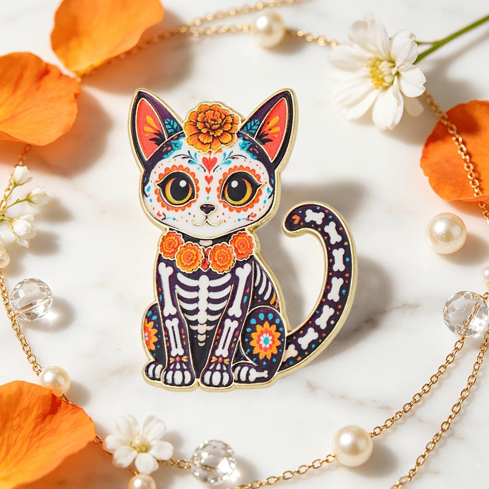 1pc Mexican Day of the Dead Skeleton Cat Enamel Pin, Skeleton Cat Badge, Suitable for Day of the Dead Fashion Accessory Gift