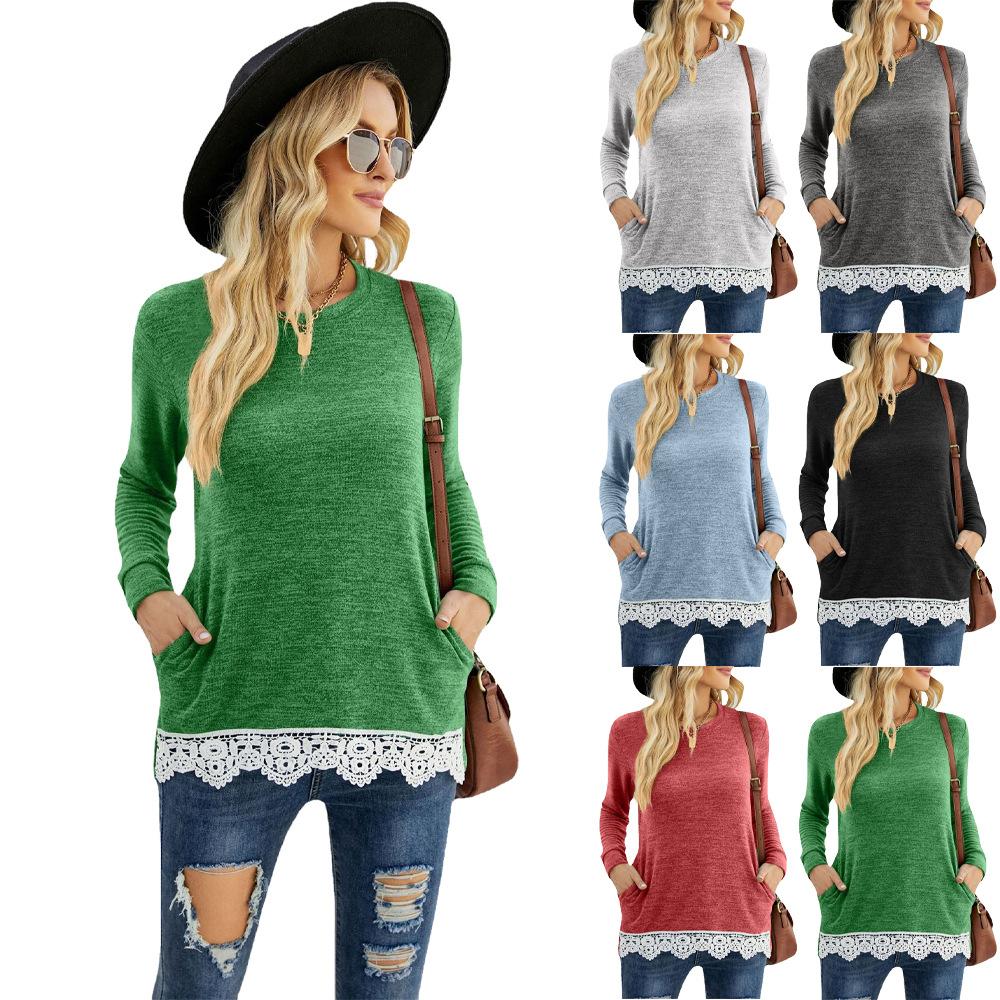Europäische und amerikanische Damenbekleidung, Rundhalsausschnitt, lockerer, lässiger Pullover, Taschen-T-Shirt, Spitzennaht-Oberteil