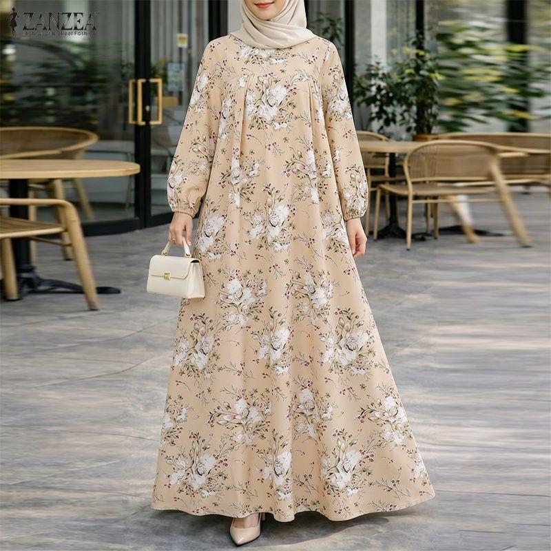 ZANZEA Women Casual Round Neck Loose Long Sleeve Print Long Dress
