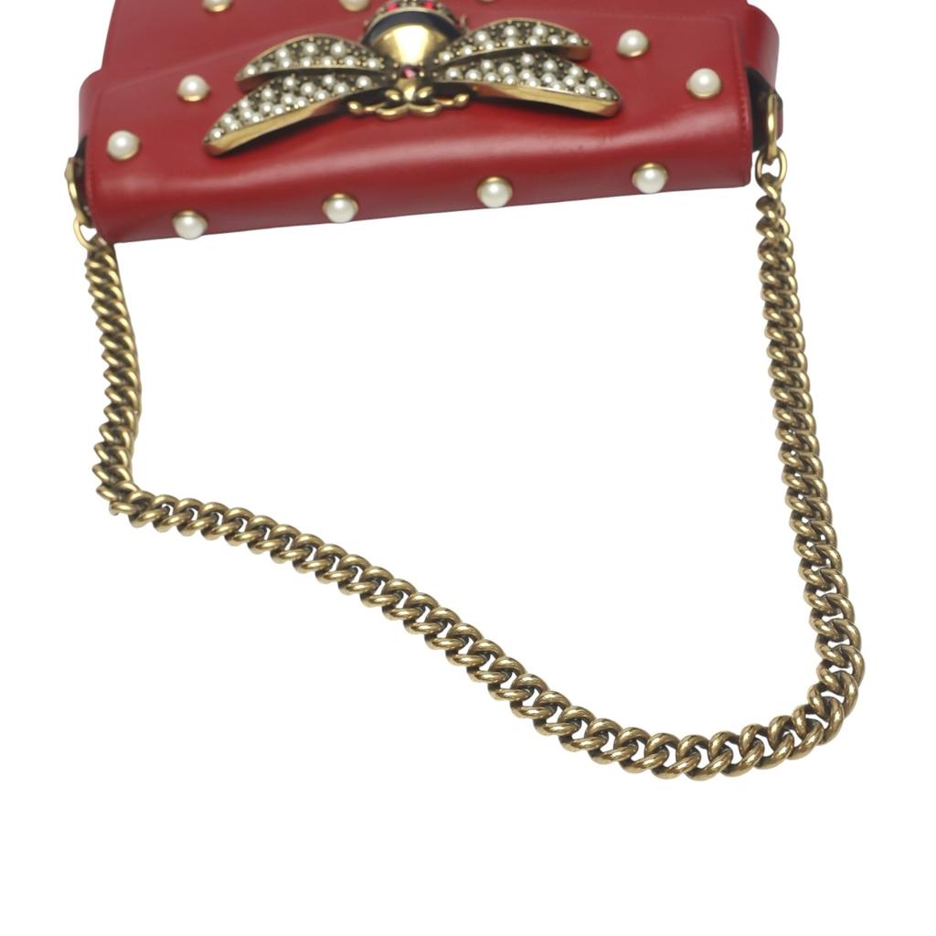 GUCCI 2WAY bag Broadway Pearl Bee Handbag leather Red Women 453778 Used