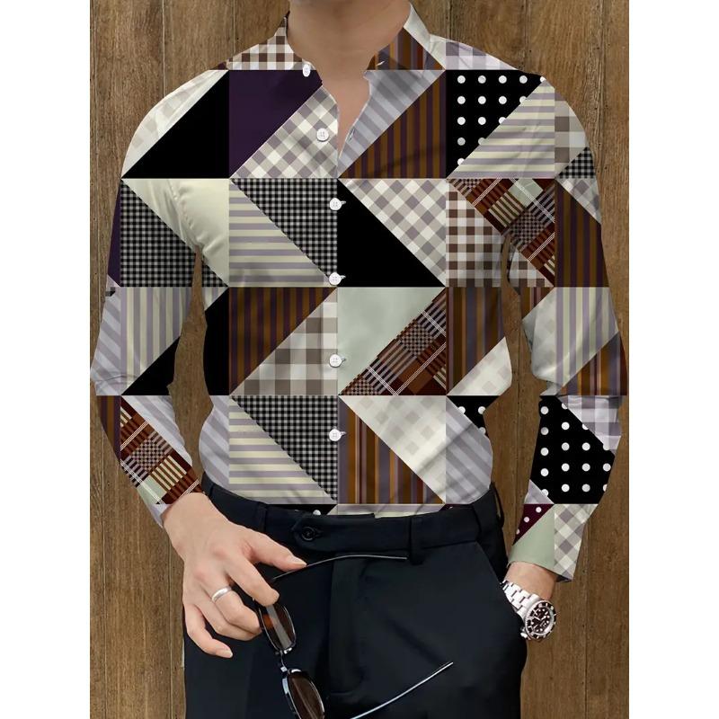 Men's Splice Geometry Beach Shirt Black White Hawaiian Casual Shirt Men's Vintage Shirt Long Sleeve Top