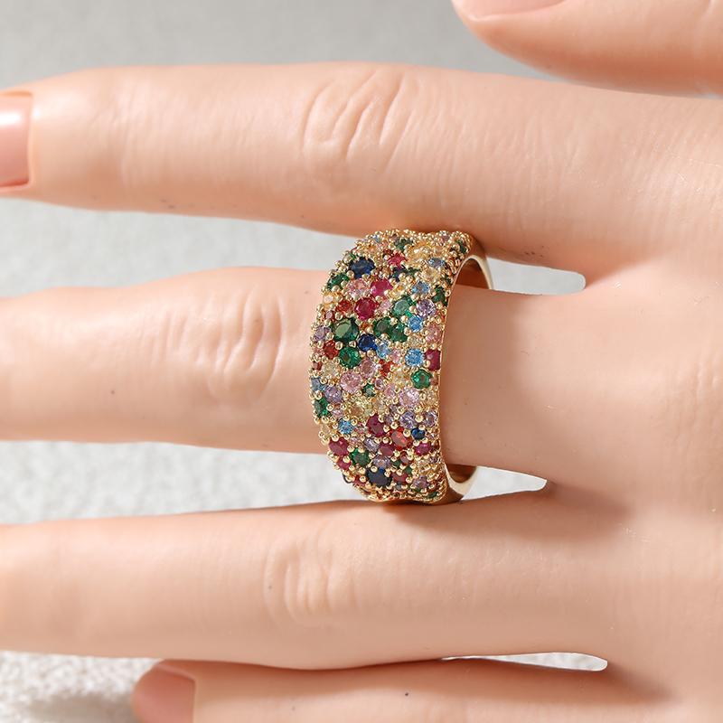 Luxury Inlaid Multicolored CZ Women's Ring Aesthetic Gold Color Geometry Daily Wear Party Jewelry Anniversary Gift