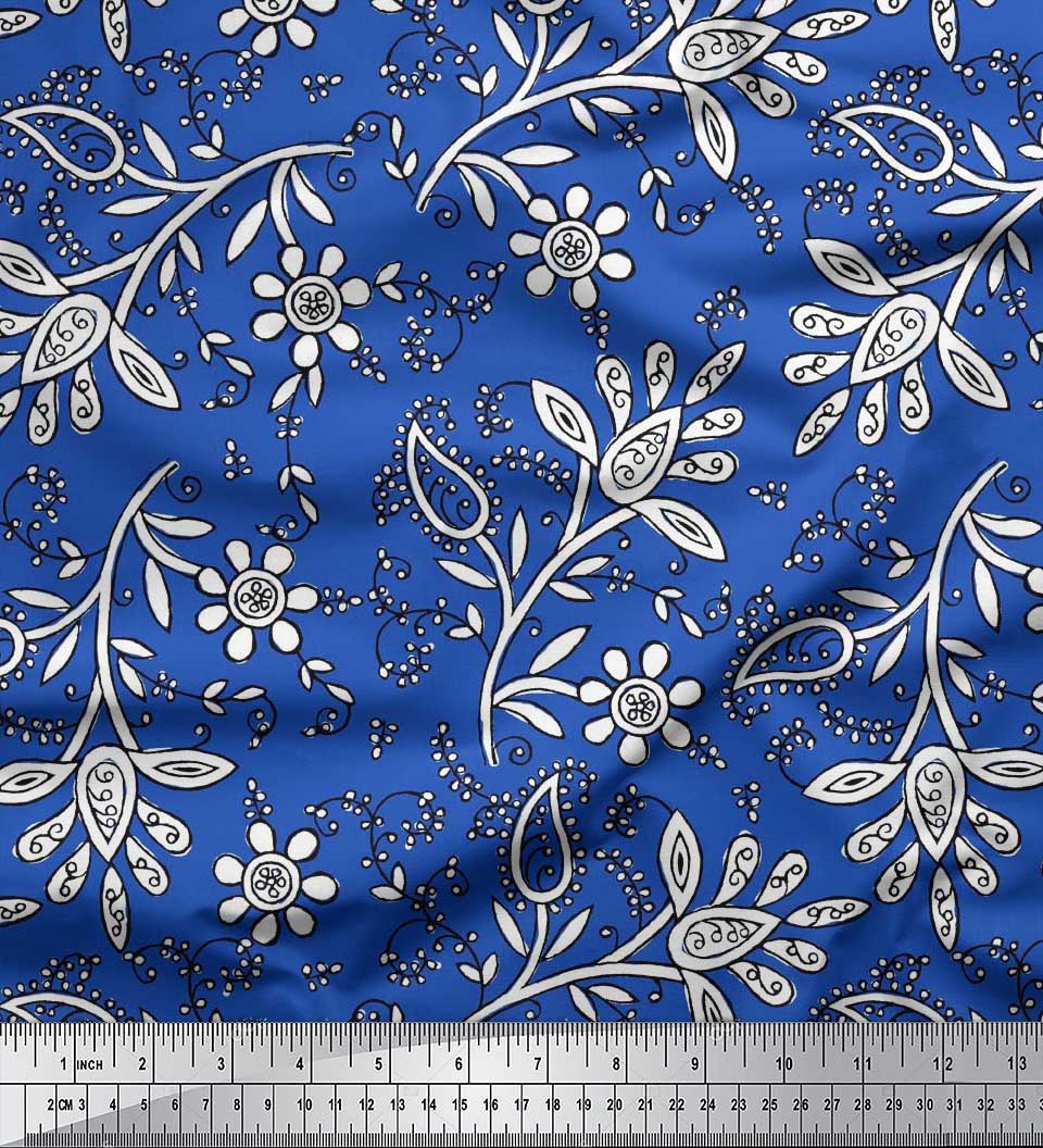 

Тканина Soimoi Japan Crepe Satin Тканина з листям і квітковим принтом на метр 42 дюйма 42 Inch Wide - Poly Crepe синій