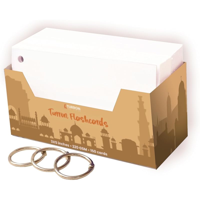 Turron Index Flash Cards Tray - 200 GSM, 150 Cards, 3x5 inch, Blank White - with Free Binder Rings for Short Notes, cue