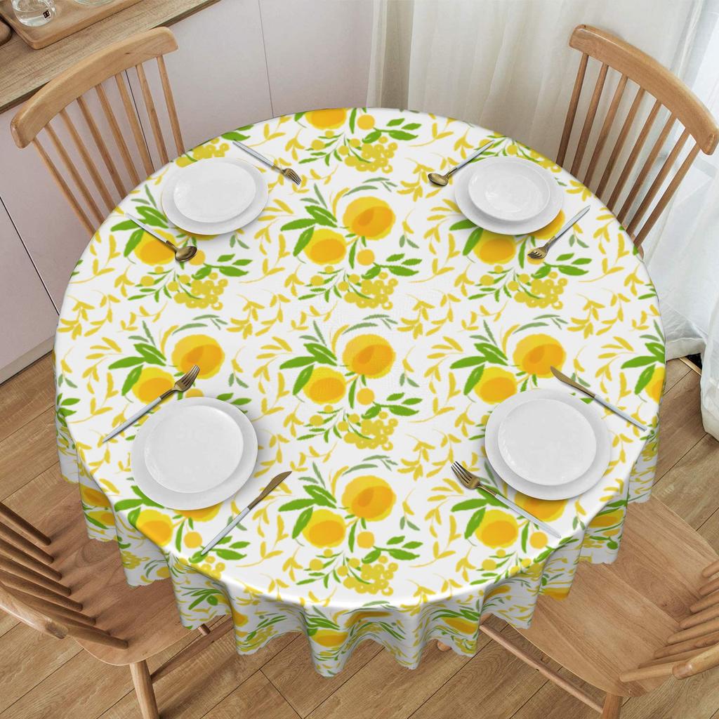Round Lemon Flowers Leaves Citrus Tablecloth 60 inches Kitchen Dinning Table Cloth Waterproof Table Covers
